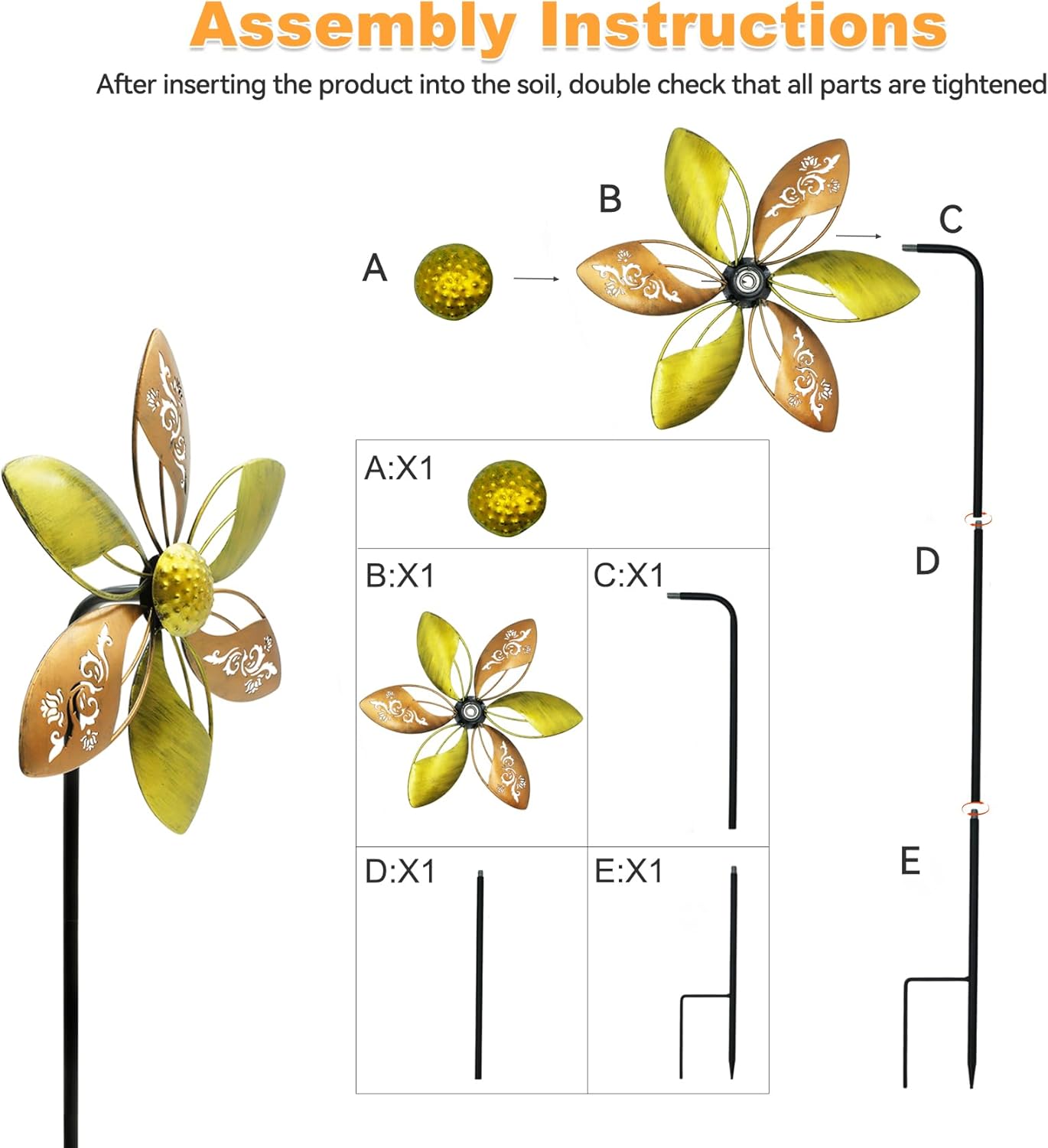Wind Spinners Outdoor Metal, 13" Double-Sided + 10" Gold Ornate Laser-Cut Floral Pinwheels for Yard and Garden Decor, Kinetic Wind Sculpture Spinner