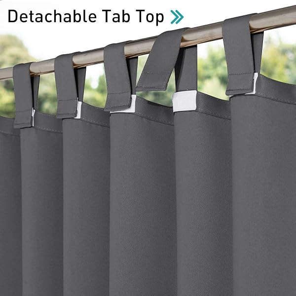 NICETOWN NICETOWN Waterproof Outdoor Curtains for Patio, Set of 2 Panels, Detachable Sticky Tab Top Heavy Weight Blackout Sunblock Window Treatment, Keep Privacy for Gazebo/Dock, W52 x L84, Grey in use