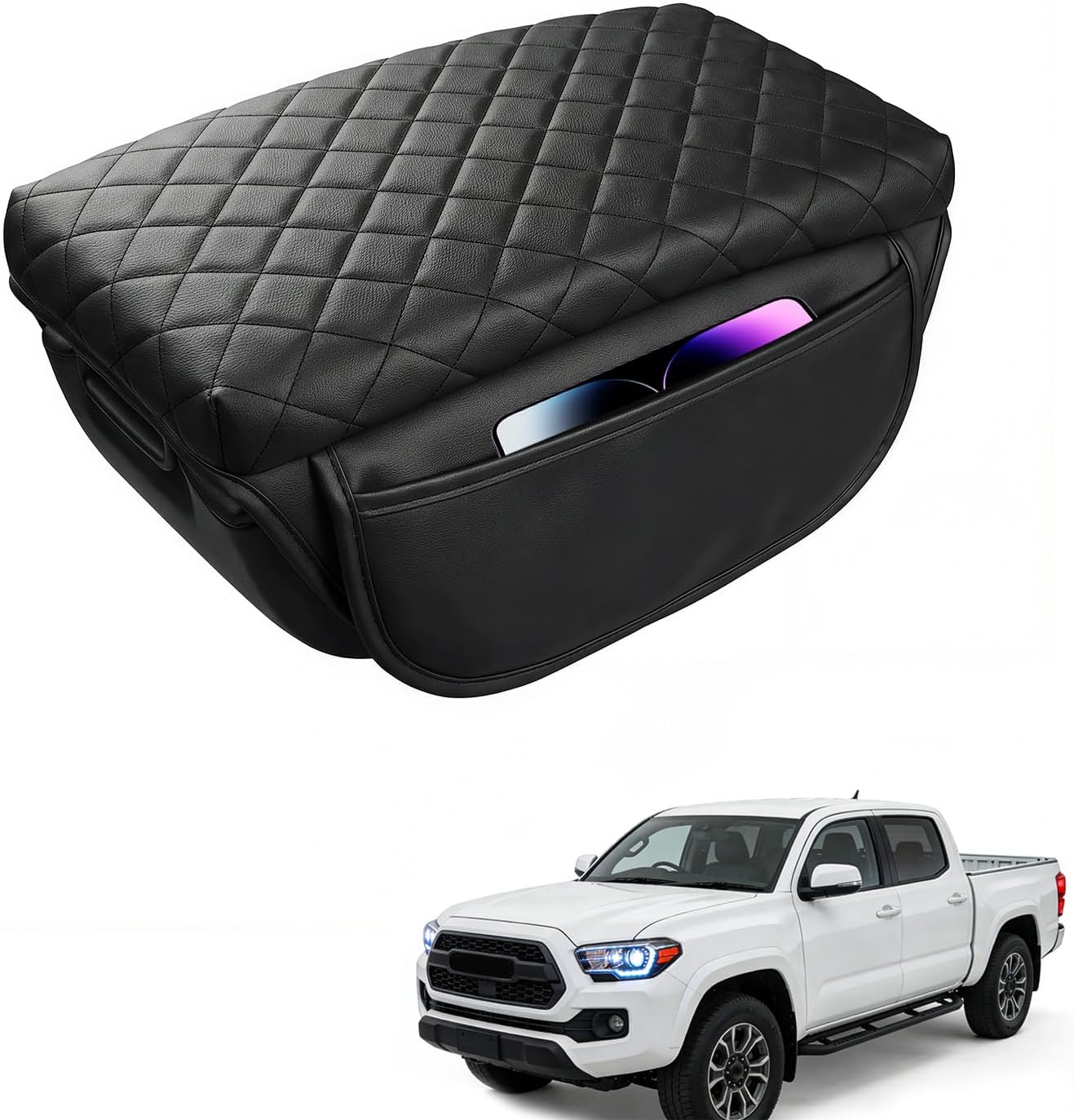 Armrest Cover for Toyota Tacoma 2024 2025 2026, Center Console Cover Pad with Organizer Storage Pockets, Leather Arm Rest Lid Protector Cushion Interior Accessories