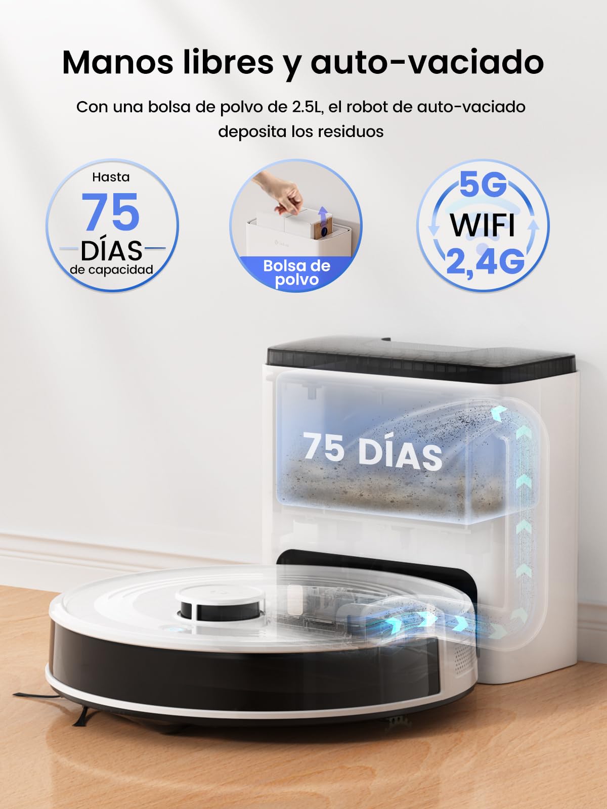 Lefant M2 Plus Robot Aspirador y Fregasuelos, 6000Pa con Estación de Vaciado Automático, Navegación Láser con Mapeo, Evitación de Obstáculos PSD, 140min Autonomía, Ideal para Pelos de Mascotas
