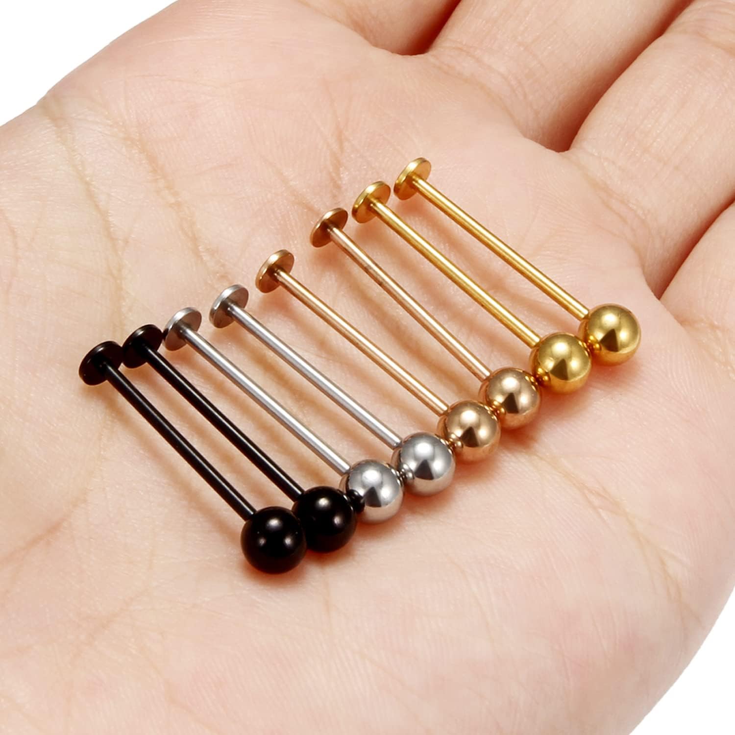 Kridzisw 14G Cheek Dimple Piercing Jewelry Flat Tongue Ring 316L Stainless Steel Long Bar Lip Labret Cheek Tongue Rings Barbell Piercing Jewelry 4mm 5mm Balls 14mm 16mm 19mm Bar Length 8Pcs - Image 7