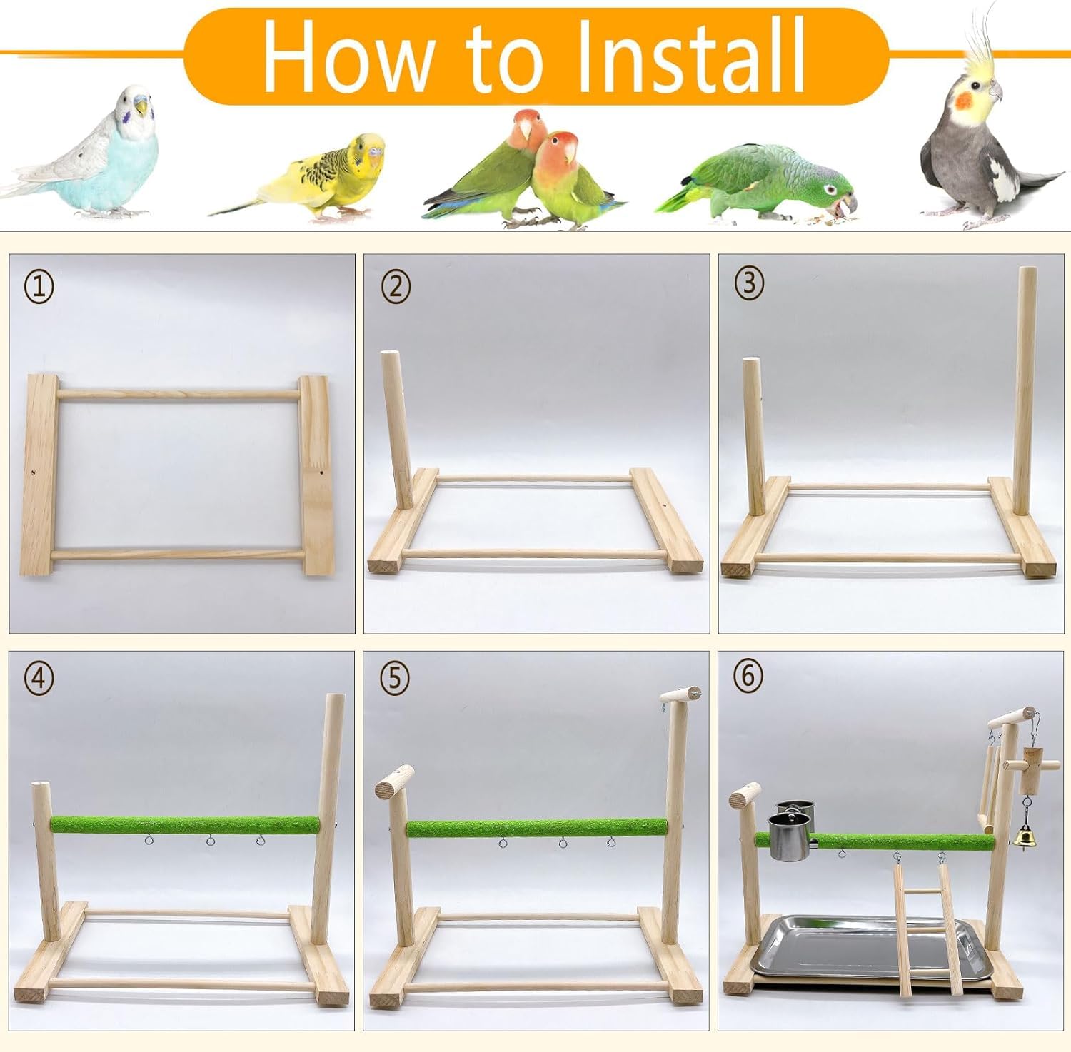 Acsist Birds Playground Parrot Playstand Birds Perch Stand Gym Natural Wood Play Stand with Ladder Swing Feeder Cups for Parakeets Cockatiels Lovebirds Conures Budgies - image 7