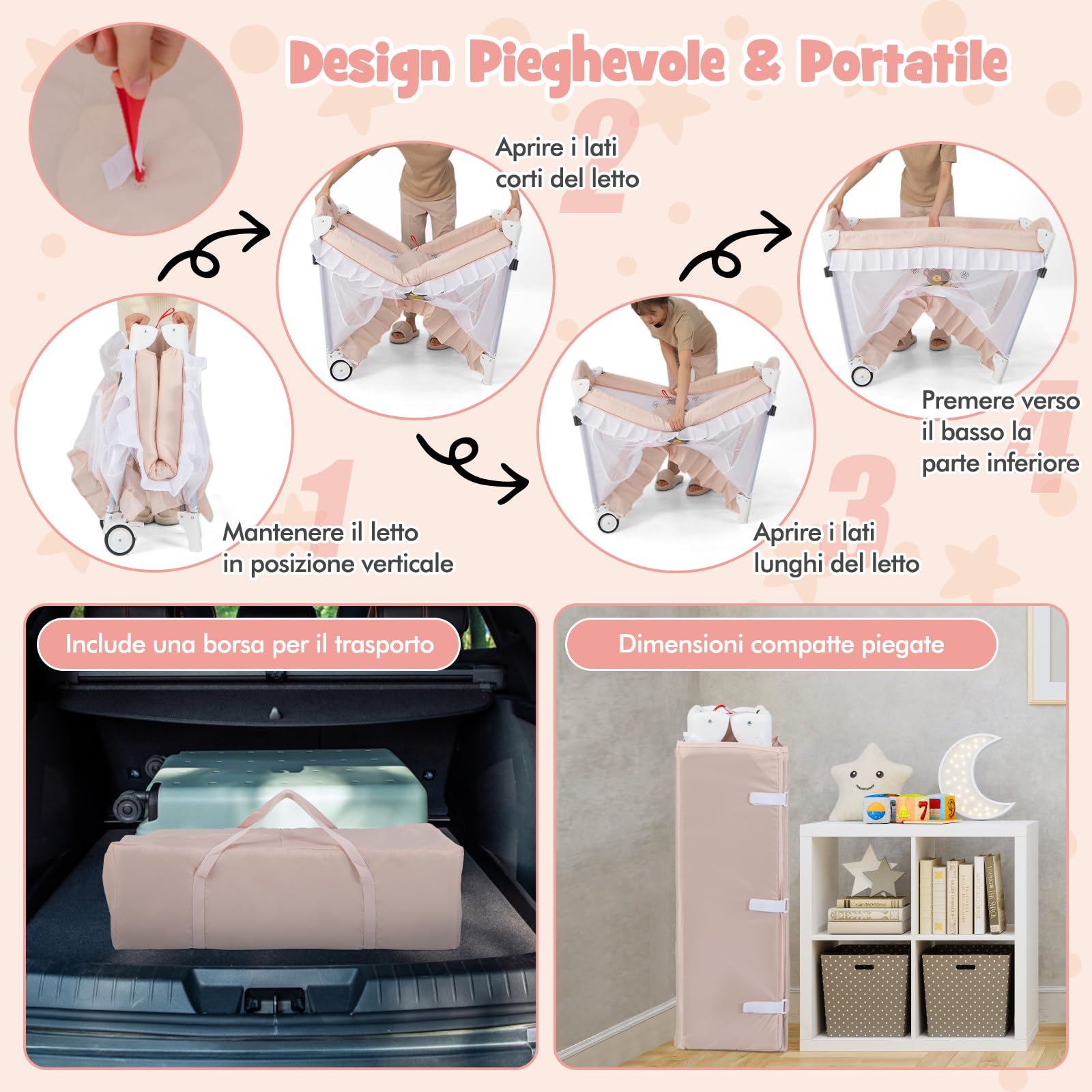 COSTWAY Lettino da Campeggio per Bambini, Culla Pieghevole con Fasciatoio Zanzariera, Box Neonati con Giocattoli, Ruote, per Bambini 0-36 Mesi (Rosa)