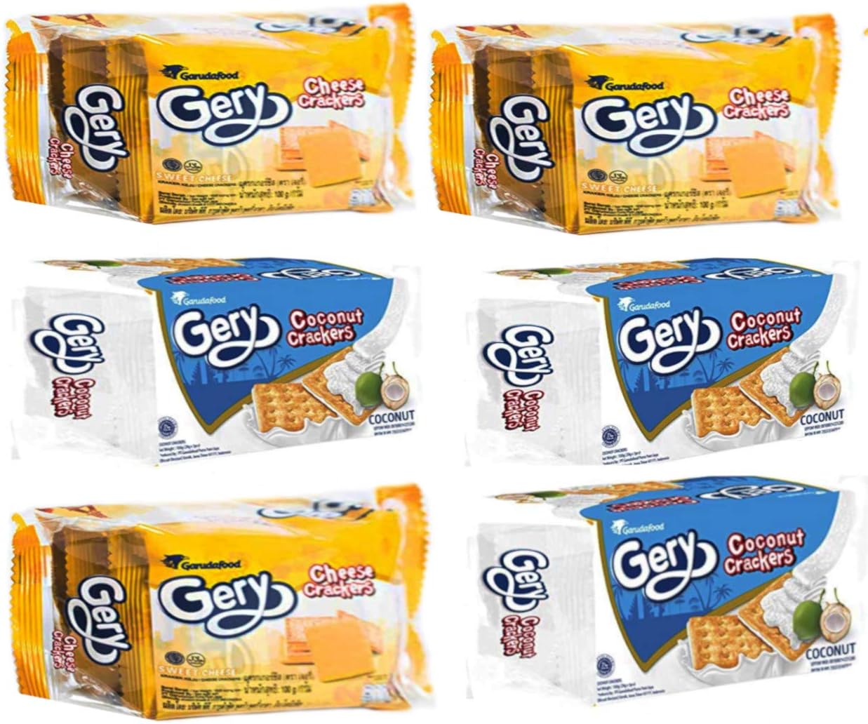 Gery Cheese Crackers and Gery Coconut Crackers Combo, 3 packs each (6 total)