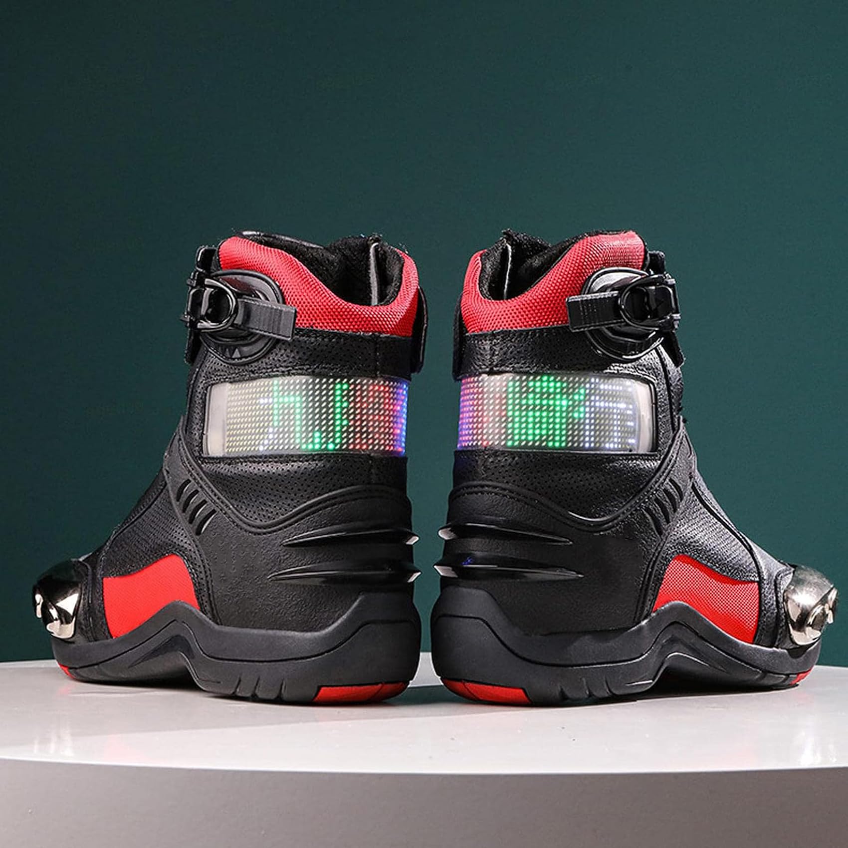DJFOG Botas de moto de cuero para hombre, zapatos de moto de carreras con pantalla emisora de luz Led, botas de deportes de competición informales impermeables