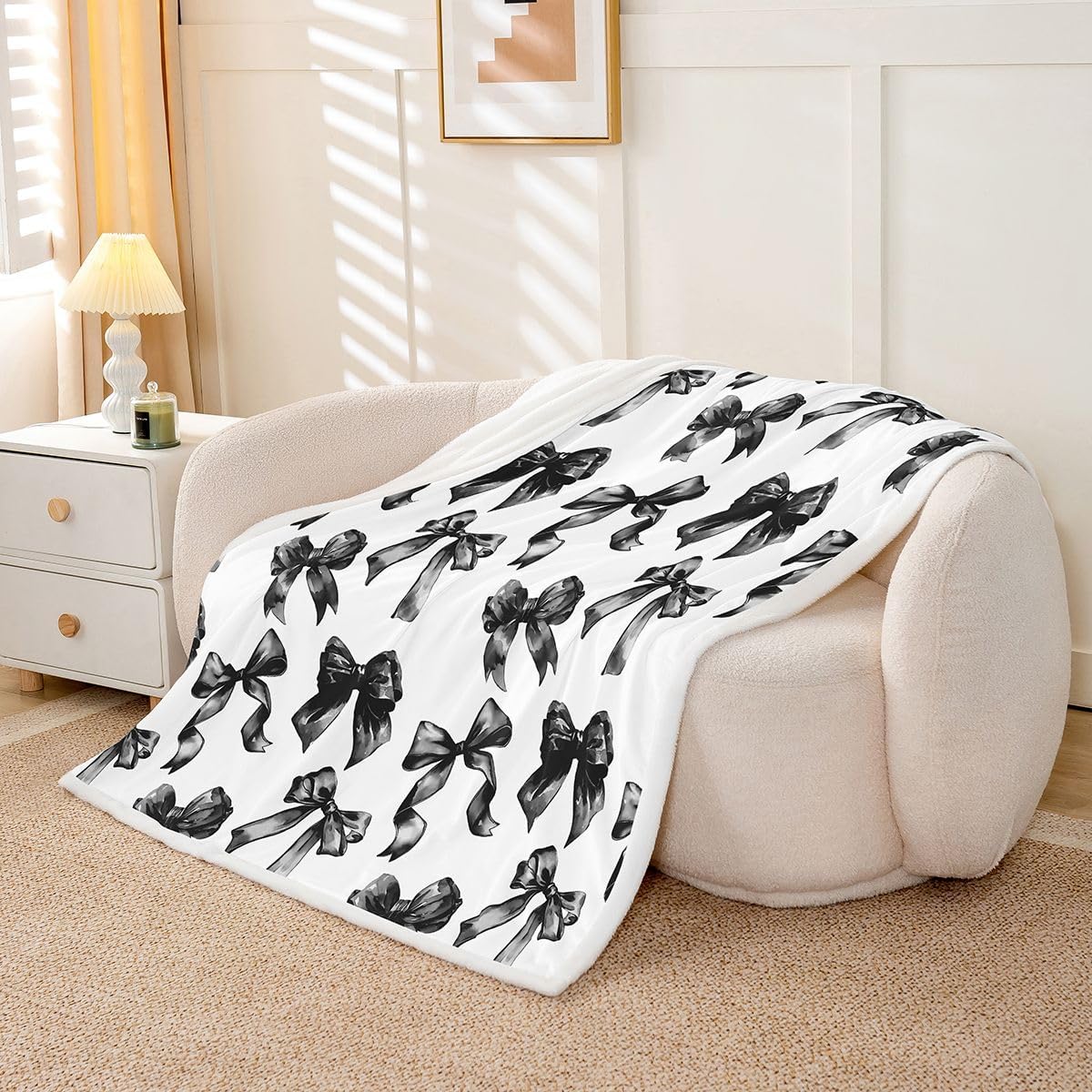 Erosebridal Bow Fleece Blanket Throw 50"x60" Black and White Bowknot Sherpa Blanket Modern Simple Fashion Aesthetic Fuzzy Plush Throw for Kids Girls Teen,Black Watercolor Butterfly Knot Decor for Bed