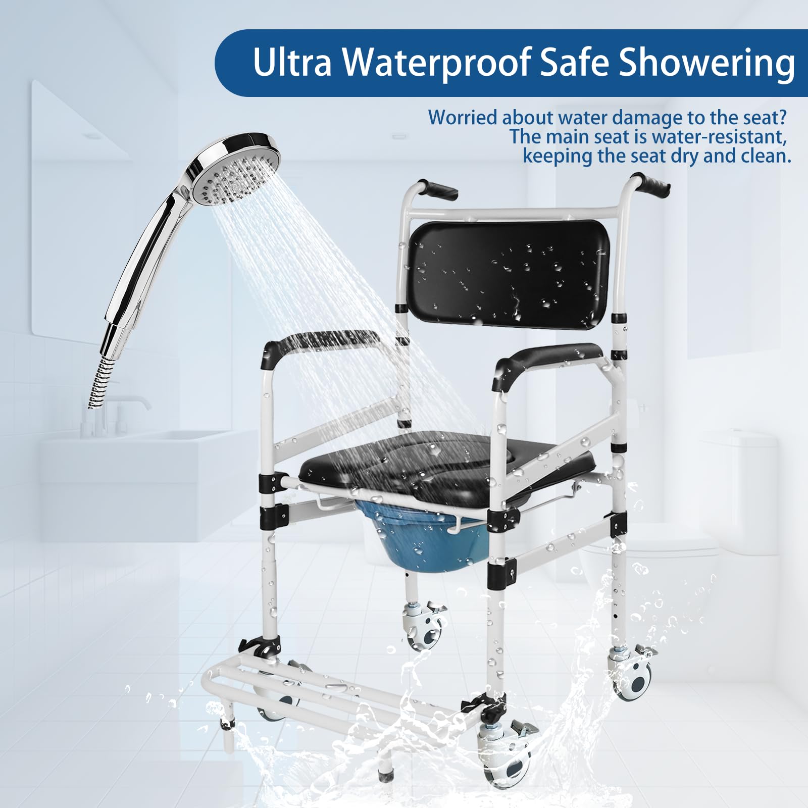 Toilettenrollstuhl Höhenverstellbar, Toilettenstuhl für Senioren mit Rollen, Duschrollstuhl, Nachtstuhl für Senioren, Duschstuhl mit Rollen für Behinderte, toilettenstuhl fahrbar with Arms (Nero)