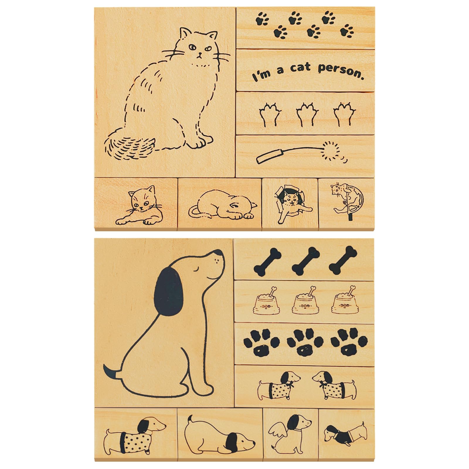18-Piece Cute Cat & Puppy-Themed Wooden Stamp Set - Adorable Stamps with Dog, Cat, Paw Prints, Bones, Dog Food & Playful Poses - Perfect for Scrapbooking, Cards, DIY Crafts