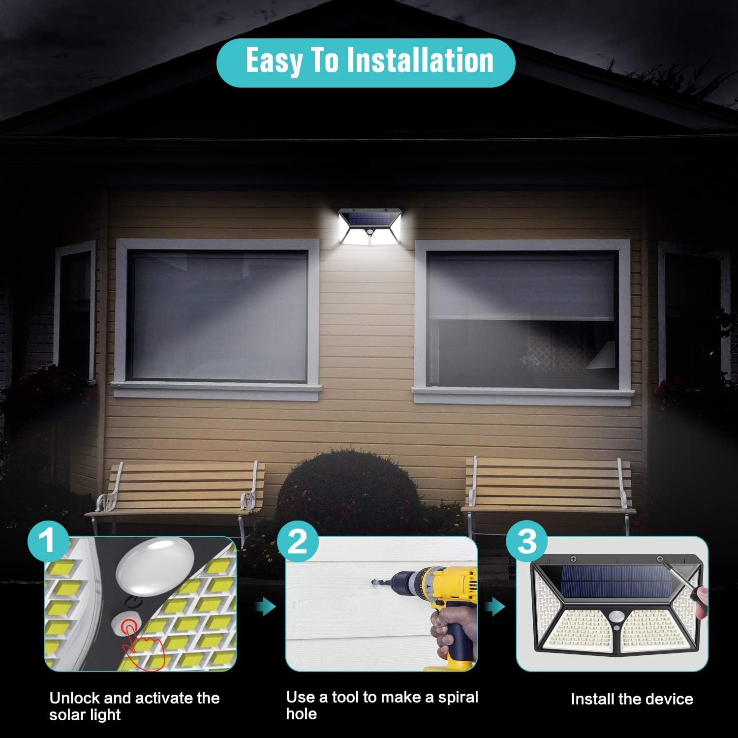 Solar Lights Outdoor 180 LED ,Yacikos 2000LM Super Bright Security Lights 270°Wide Angle Motion Sensor Lights Wireless IP65 Waterproof Wall Night Light with 3 Modes for Fence Garage Step Stair(2 Pack)