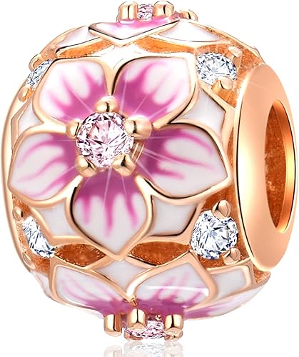 Los dijes de flores y trébol se adaptan a la pulsera europea Valentiens, dije de flor de magnolia de oro rosa, trébol, copo de nieve brillante,