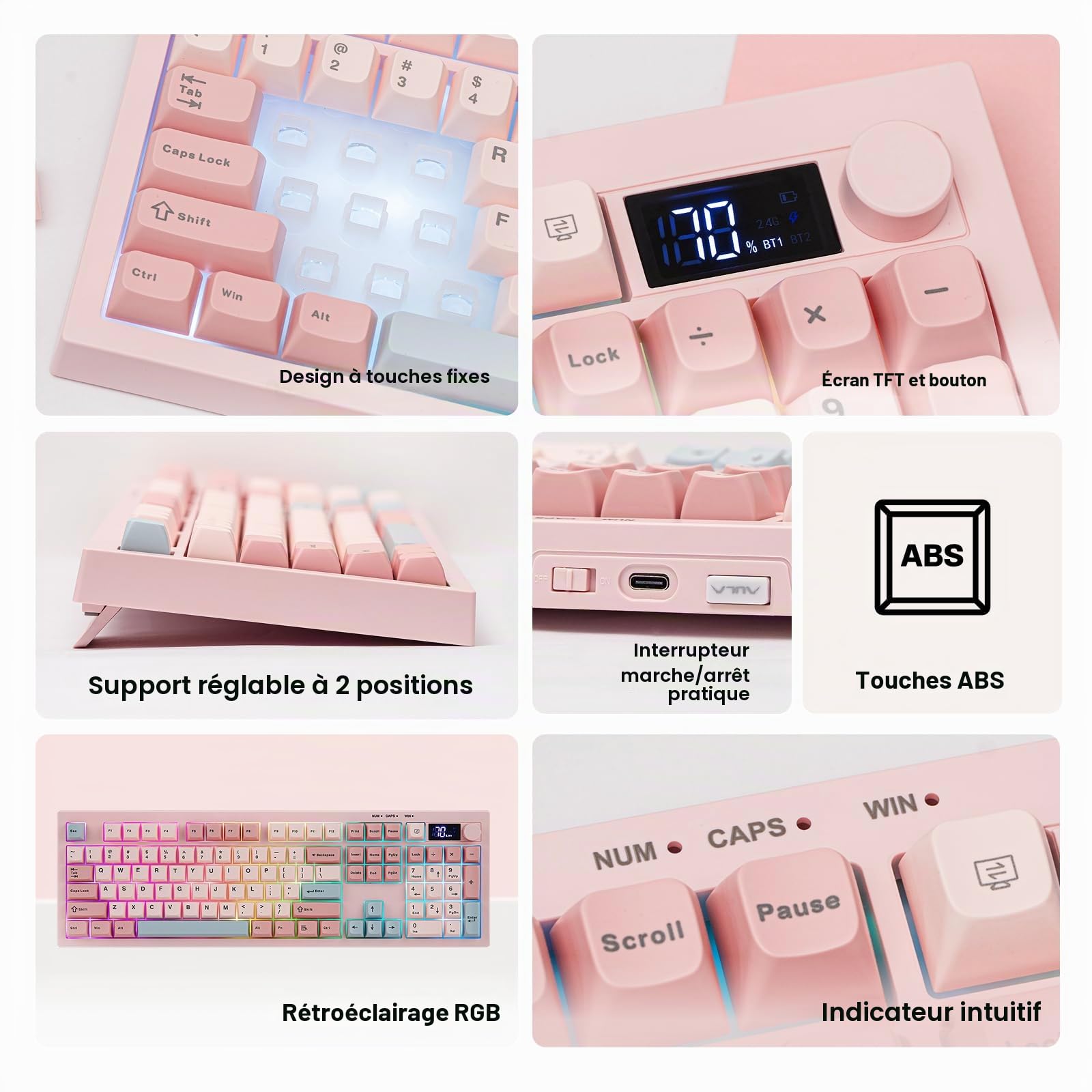 EPOMAKER Aula S102 Pro Clavier Gaming à Membrane avec Écran TFT | Bouton de Volume&Pavé Numérique, BT/2.4G/USB, RVB, Structure Silicone Crémeuse, Clavier Silencieux pour PC Jeu/Bureau (Rose)