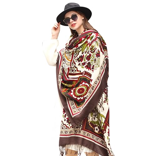 DANA XU 100% Merino Wool Pashmina Shawl for Women 96"x43", Oversized Cashmere Wrap with Tassels, Floral Travel Blanket Cape - Brown Retro Tapestry Tiles