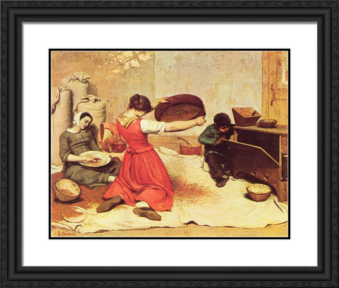 ArtDirect Courbet, Gustave 23x20 Black Ornate Framed Art Print with Double Matting Titled: The Wheat Sifters