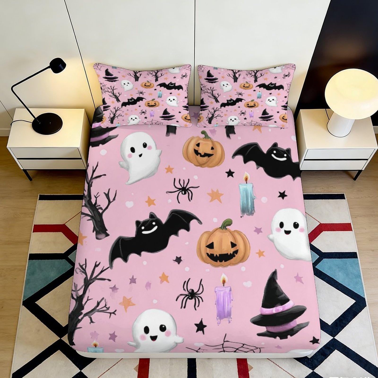 Jqzkxnhpbr Style-4 3D Printed Pink Halloween Ghost Fitted Sheet Microfiber Soft Bat Pumpkin Bed Cover For Bedroom Dorm Mattress Protection Decor 90X200x25cm