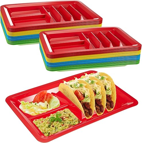 Uiifan 24 soportes de plástico para tacos con divisor, 2 compartimentos, platos coloridos para tacos aptos para microondas, bandeja para tacos,
