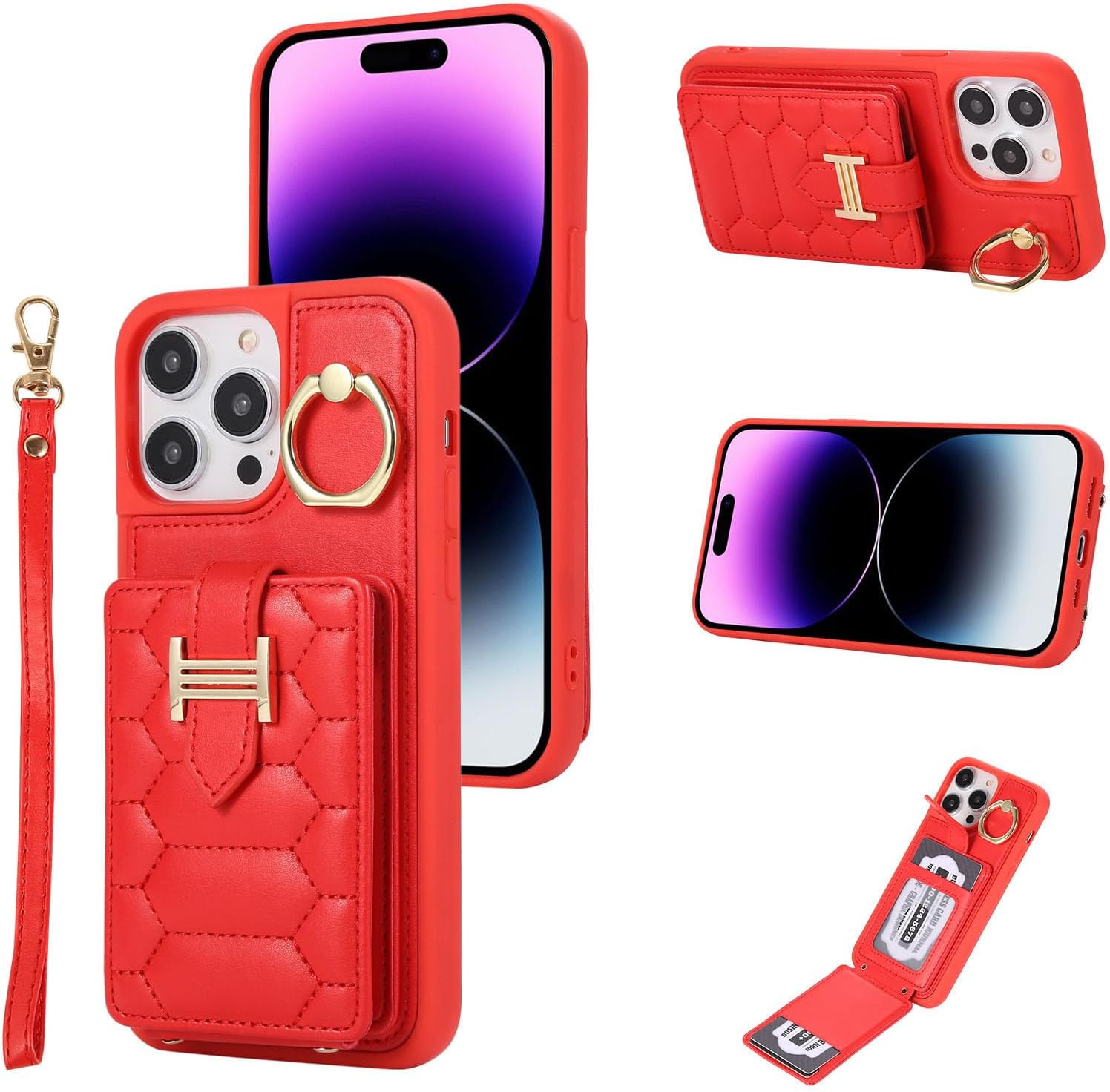 Wallet Case for iPhone 15 Pro Max/15 Pro/15 Plus/15, 360°Rotation Finger Ring Holder Stand Quilted Leather Slim Protective Cover with Card Slots Shoulder Strap Wriststrap