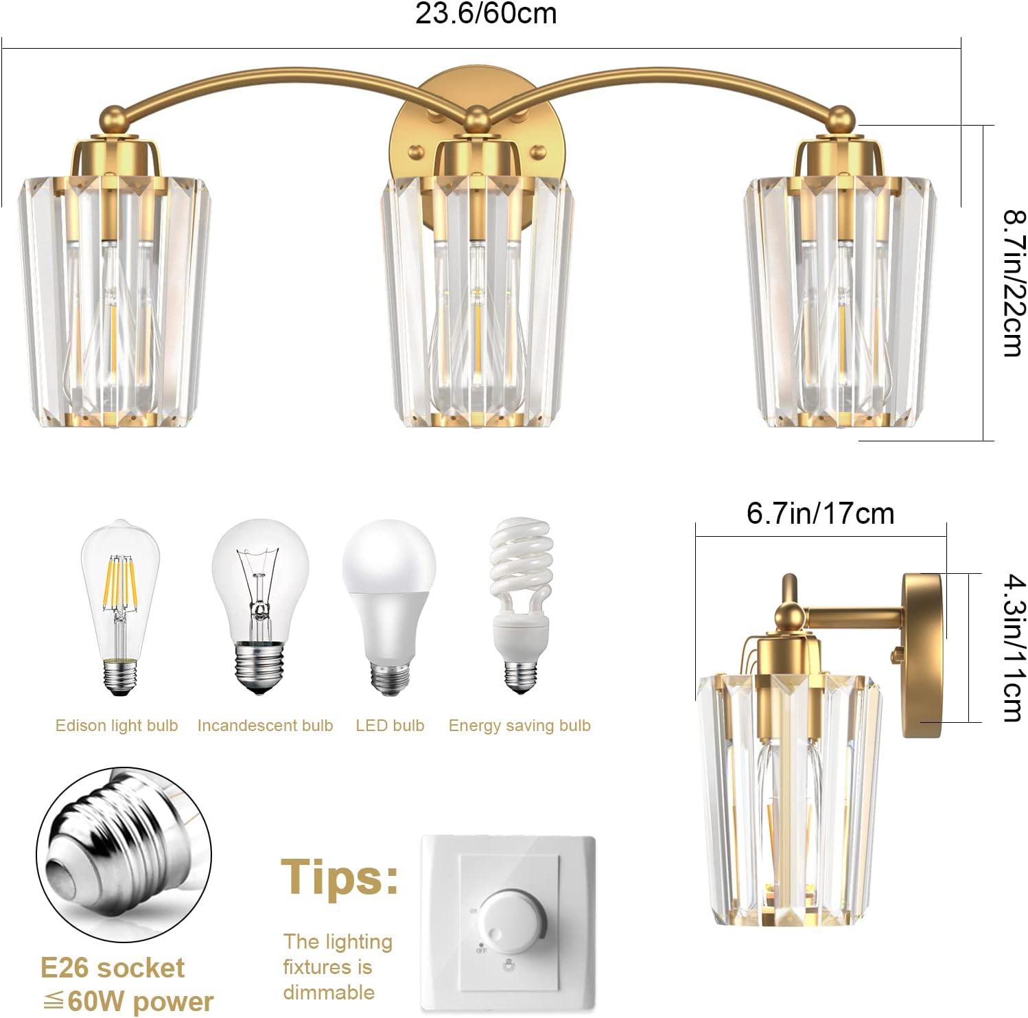 Aipsun Gold Bathroom Light Fixtures 3 Lights Crystal Vanity Light Fixtures Modern Crystal Wall Lights for Bathroom E26 Base (Exclude Bulb)