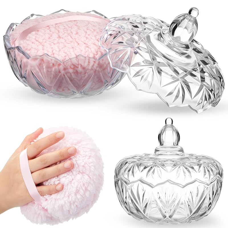 Tioncy Conjunto com 2 peças para pó com puff e pote de vidro transparente, formato de abóbora