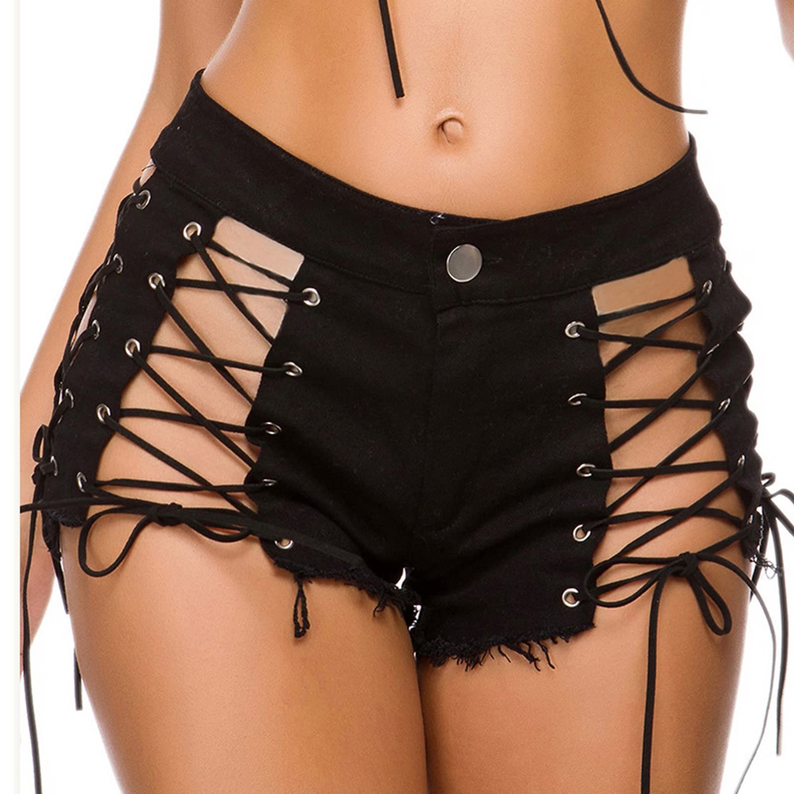 Women High Waisted Strappy Denim Shorts Sexy Up Ripped Hole Tassel Jean Shorts Stretch Casual Denim Hot Shorts (Small,Black)