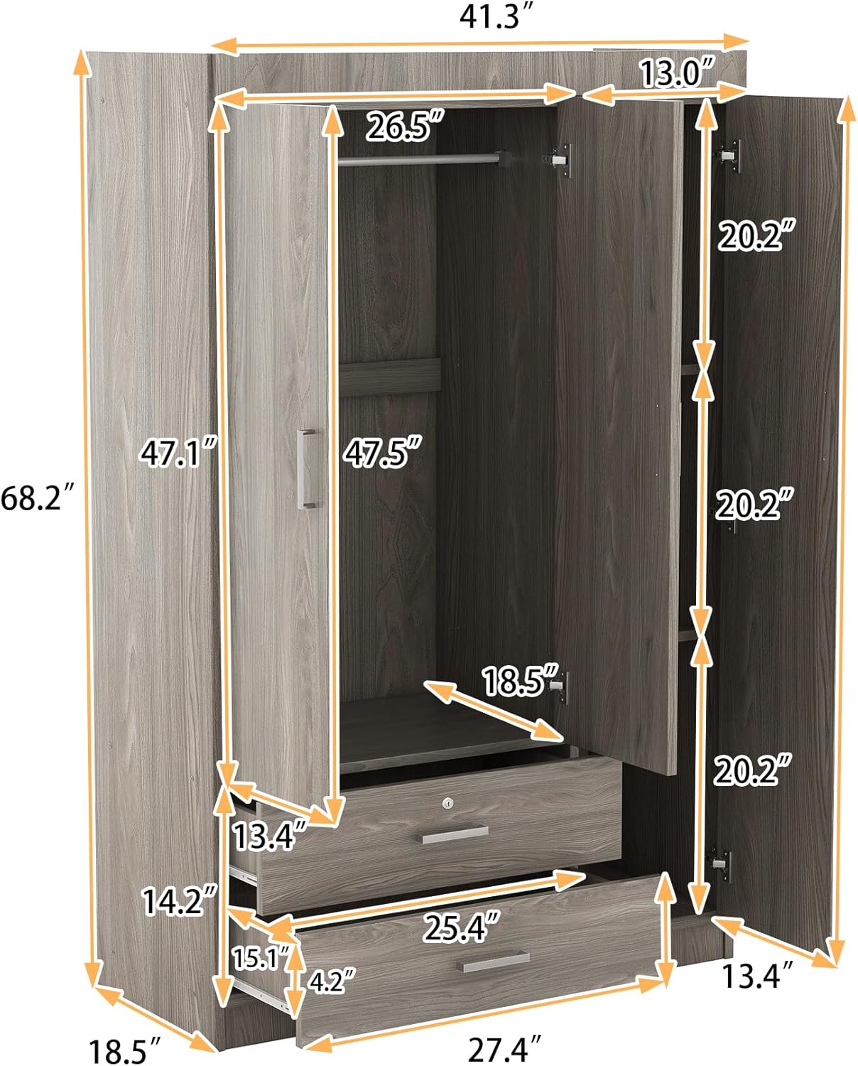 Diagram showing detailed dimensions of the Quarte 3-Door Wardrobe