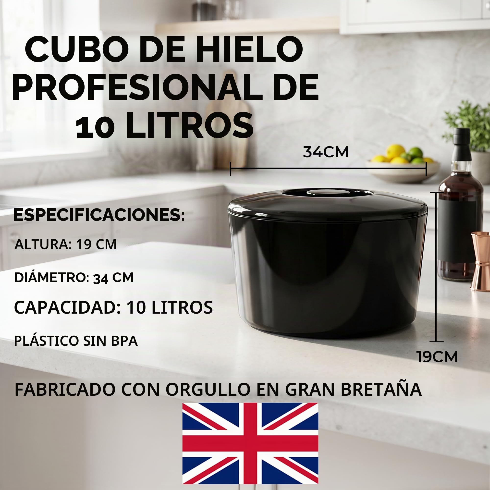 Chabrias Ltd Cubitera de 10 litros con Tapa y Rejilla de Drenaje Extraíble, Recipiente Grande de Plástico sin BPA para Hielo, Fiestas, Bar, Barbacoas y Eventos, Negro