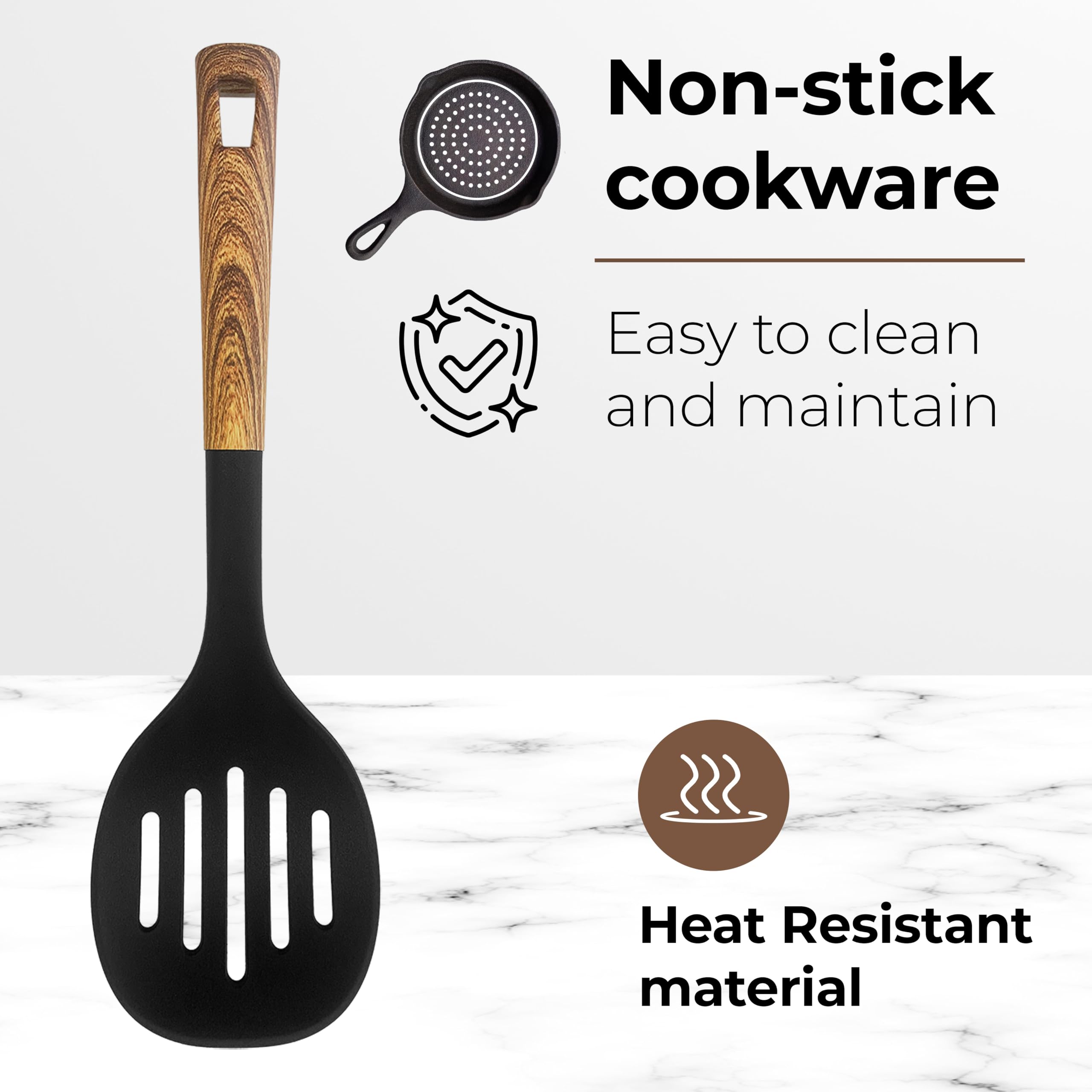 JS Gourmet Juego de 6 utensilios de cocina, resistentes al calor, antiarañazos, juego de cucharas de cocina de nailon para utensilios de cocina antiadherentes, con asas ergonómicas y suaves al tacto