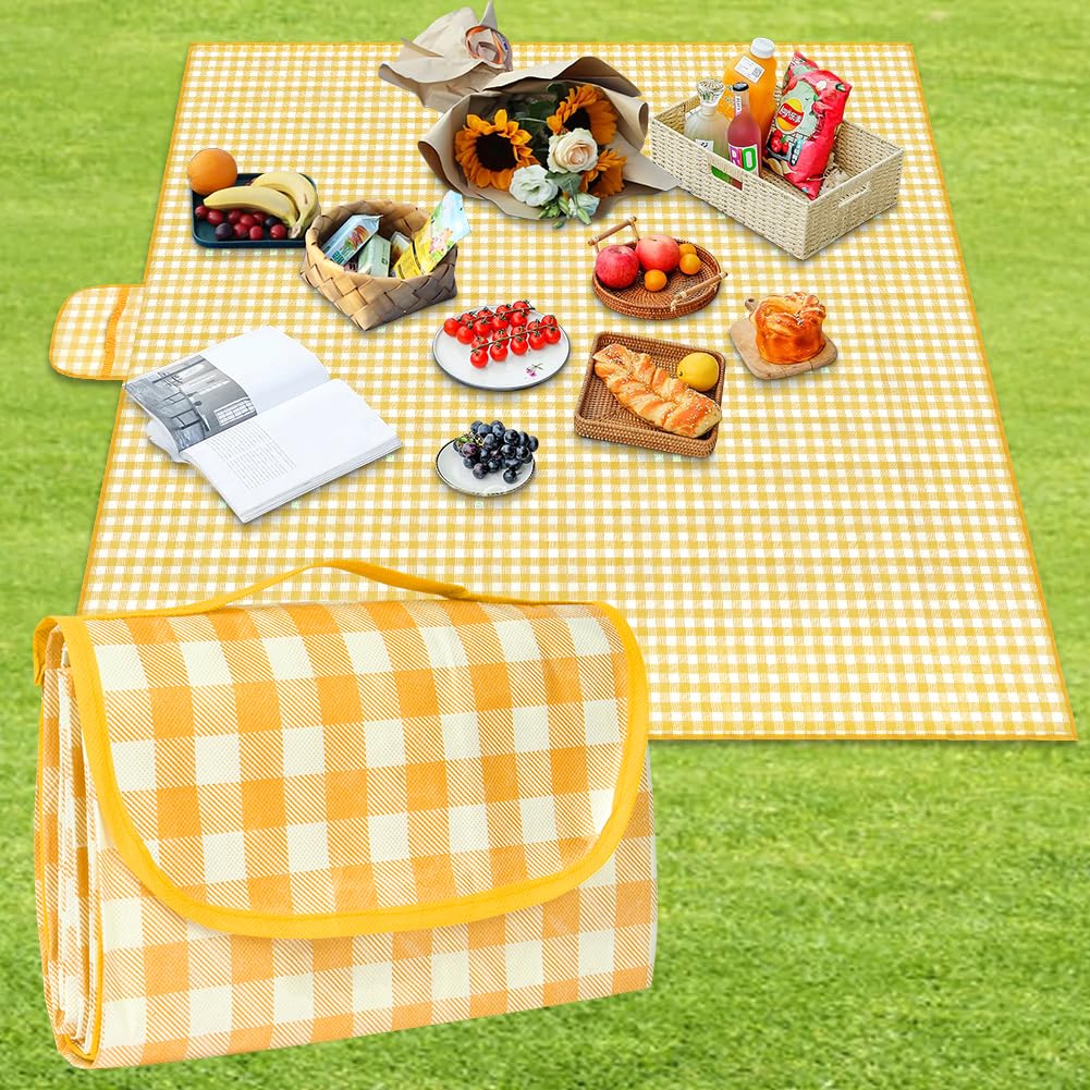 AYBUY Picknickdecke, 150 x 200cm, Faltbare Campingdecke mit wasserdichter Unterseite，sandfeste Stranddecke mit Tragegriff，Waschbar Picknickdecken für 2-3 Personen Outdoor, Camping, Strand, Park (Gelb)