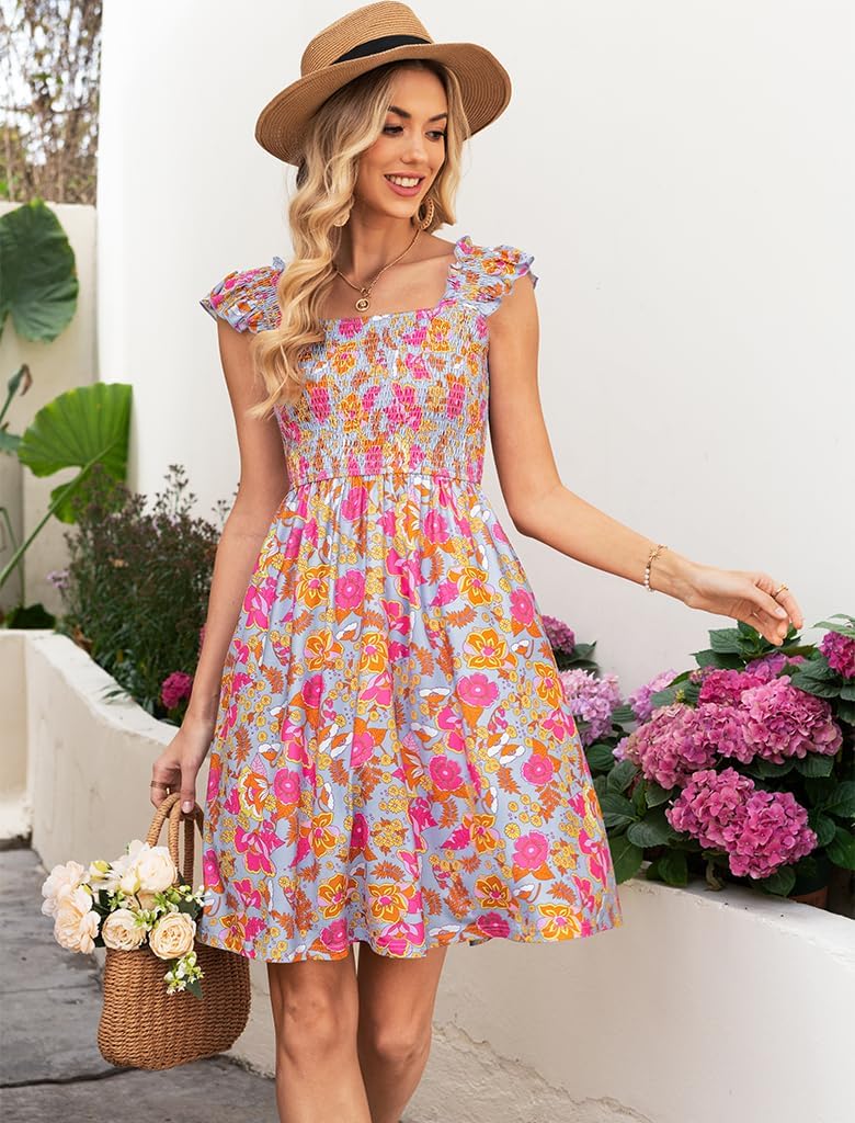 Naggoo Womens Summer Sundresses Sleeveless Square Neck Dress Ruffled Floral Smocked Dress A-line Boho Beach Dresses - Image 3