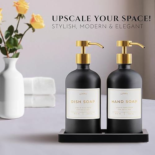 Miniatura 2 de Dispensador de jabón de loción, manos y platos para fregadero de cocina, juego de 2 botellas de vidrio de 16.8 onzas con bomba de acero inoxidable,