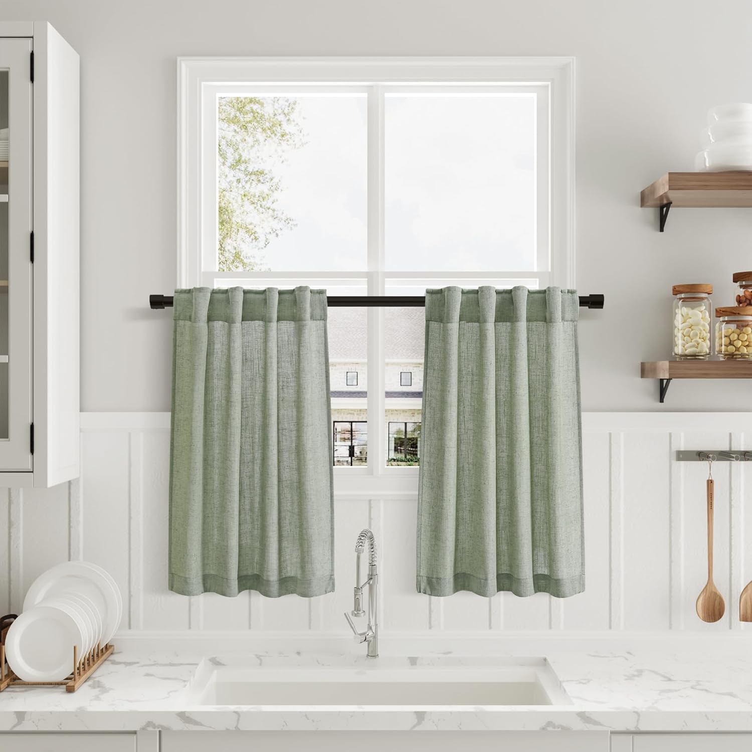 Desert Sage Cafe Curtains 30 Inch Length Linen Privacy Light Filtering Pleated Short Curtain Rod Pocket Back Tab Design Shabby Chic Kitchen for Bathroom Laundry Room Small Window 2 Panels 26Wx30L