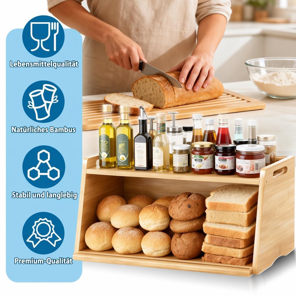 LEMIKKLE Panera de bambú con tabla de cortar, caja de almacenamiento de pan para mantener la comida fresca, adecuada para la cocina, se puede utilizar para almacenar pan, frutas, productos horneados