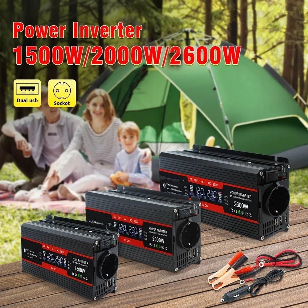 Convertidor Inversor Transformador Inversor Onda Sinusoidal Modificada 1500W/2000W/2600W Convertidor Voltaje Portátil 12V CC A 110V/220V CA Inversor Solar para Coche Enchufe UE(1500w 12V 50hz A)