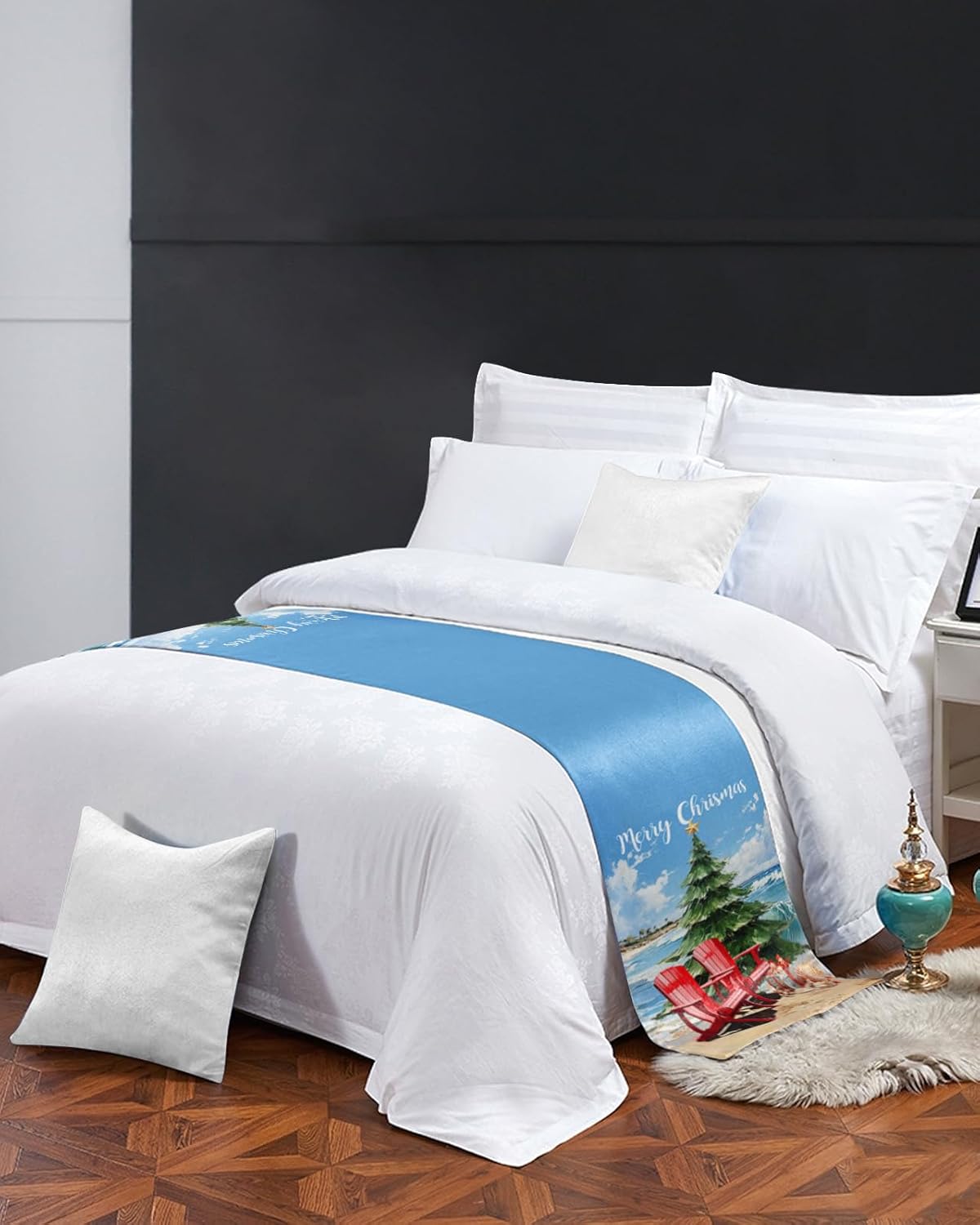 Teamery Bed Runners & Scarves, Merry Christmas Bed Runner, Bed Scarf Protector Decorative Accent Bedding Scarf for Hotels Homes and Guestrooms, 94 x 20 inches