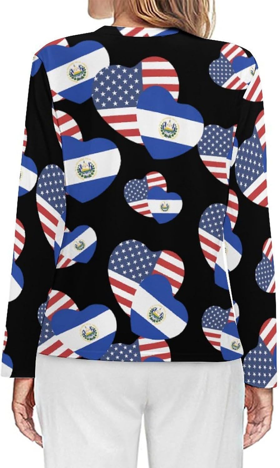 El Salvadorian American Flag Hearts Women's Pajama Top Sleepwear Pajamas Sleep T-Shirt Long Sleeve Shirt Crewneck Tee