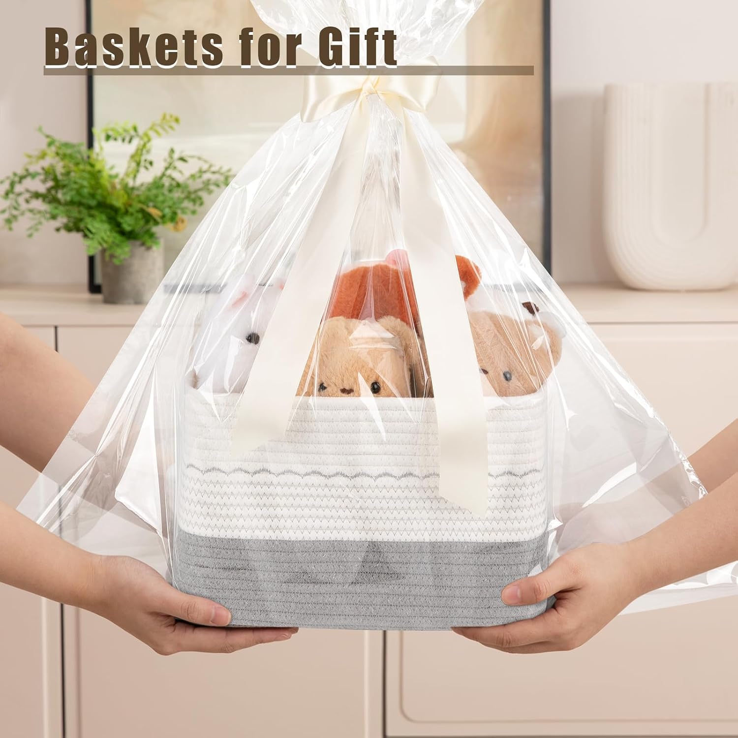 OIASKET 4 Pack Storage Baskets for Organizing, 13"X9"X7.87", Decorative Cotton Rope Baskets for Shelves, Small Woven Basket for Toys, Books and Towels, Grey & White