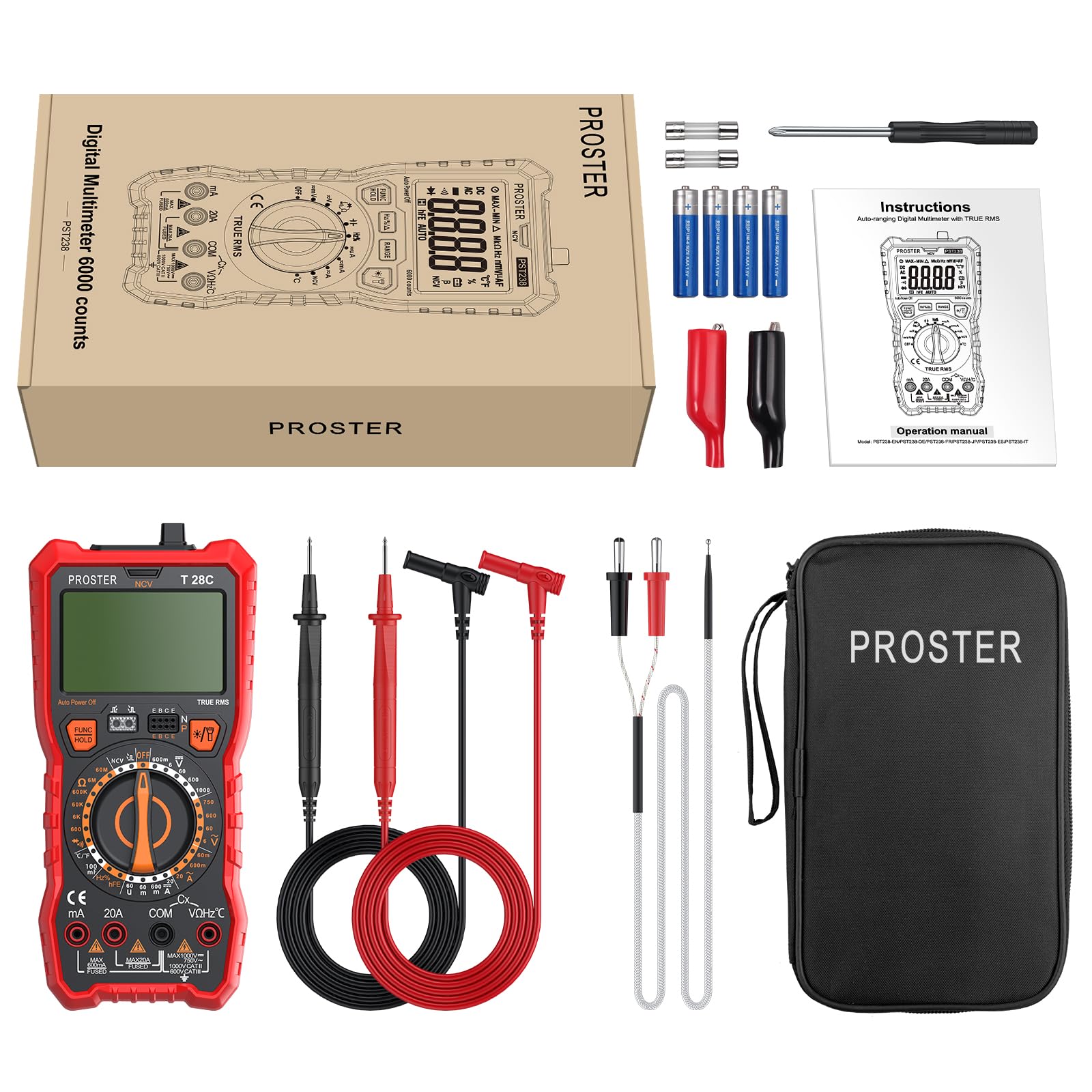 Proster Multimetro Digitale 6000 conti 20A 1000V TRMS Manuale Intervallo NCV Tensione CA/CC Corrente Resistenza Capacità Frequenza Diodo Continuità HFE Infrarossi con Magnete e Supporto