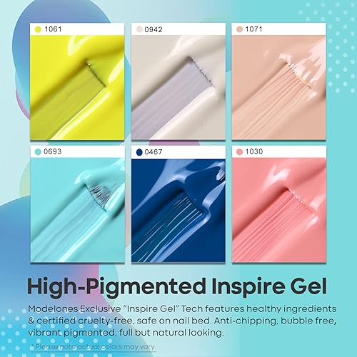 Miniatura 5 de Modelones - Juego de 6 esmaltes de uñas en gel, en tonos rosa, amarillo, azul, azul bebé, piel, tecnología Inspire, para secar en lámpara led,