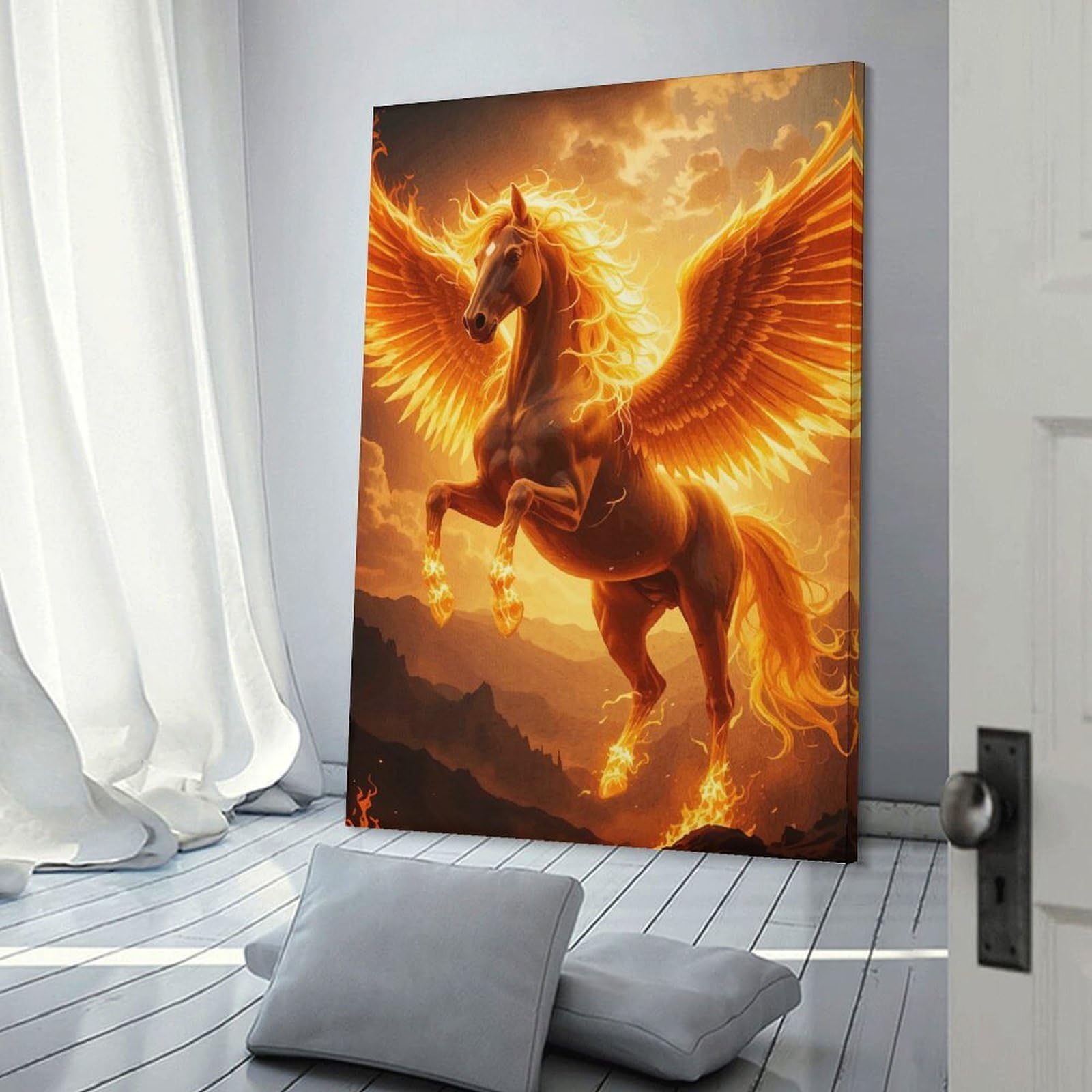 Junmoney Frame-Style-14-1 Fiery Pegasus Rising Canvas Wall Decor, 24X36inch(60X90cm), For Apartment Walls, Studios Or Work Areas, Decorative Canvas Decor For Home Updates