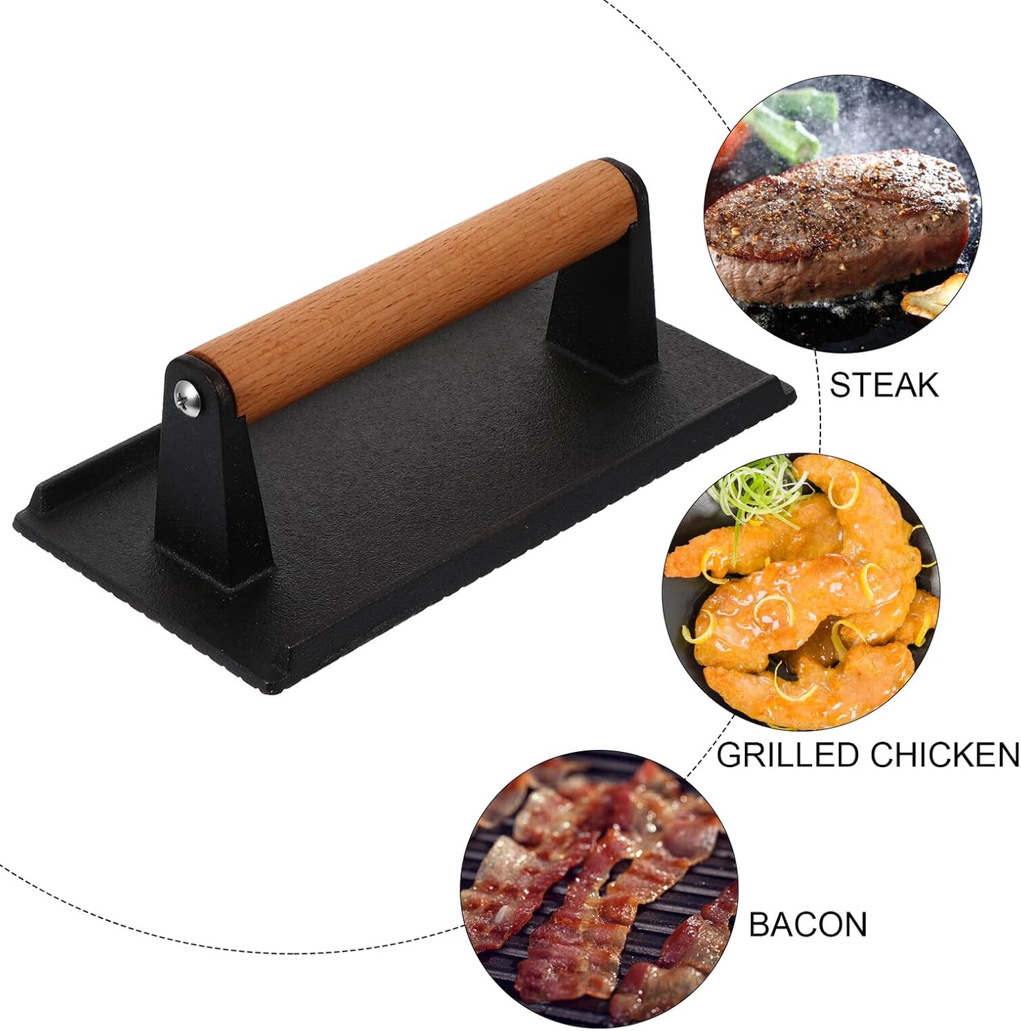 Multipurpose Cast Iron Steak Press Plate with Wooden Handle Heavy-duty Meat and Bacon Griddle Press Healthy Fat-reducing Bbq Cooking Tool for Burgers Steaks and Sandwiches