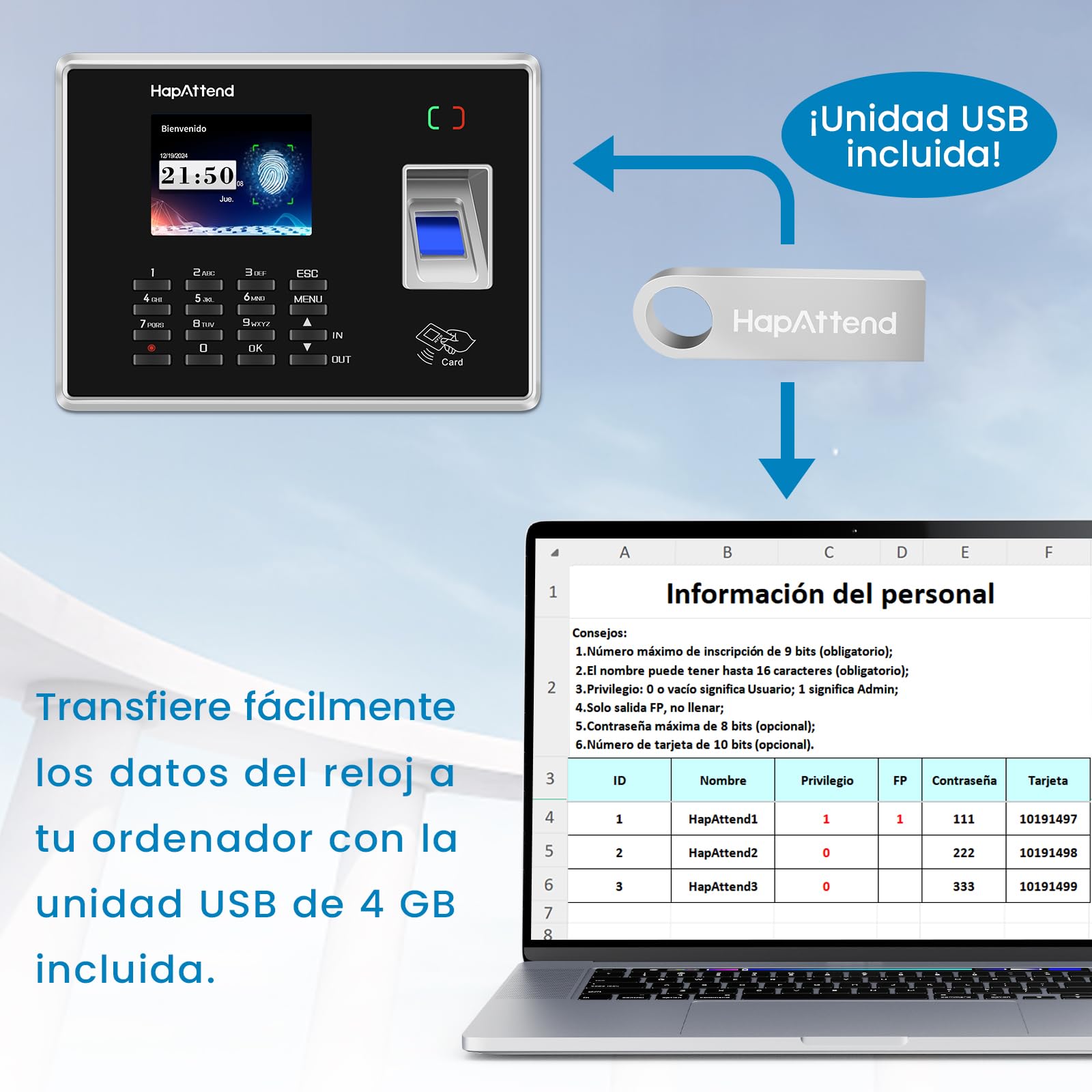 Control Horario Empleados, Español Maquina de Fichar con Huella Dactilar, RFID Tarjetas, Reloj de fichar de hasta 1000 usuarios Sin Conexión Internet Registro de Tiempo para pequeñas - H2