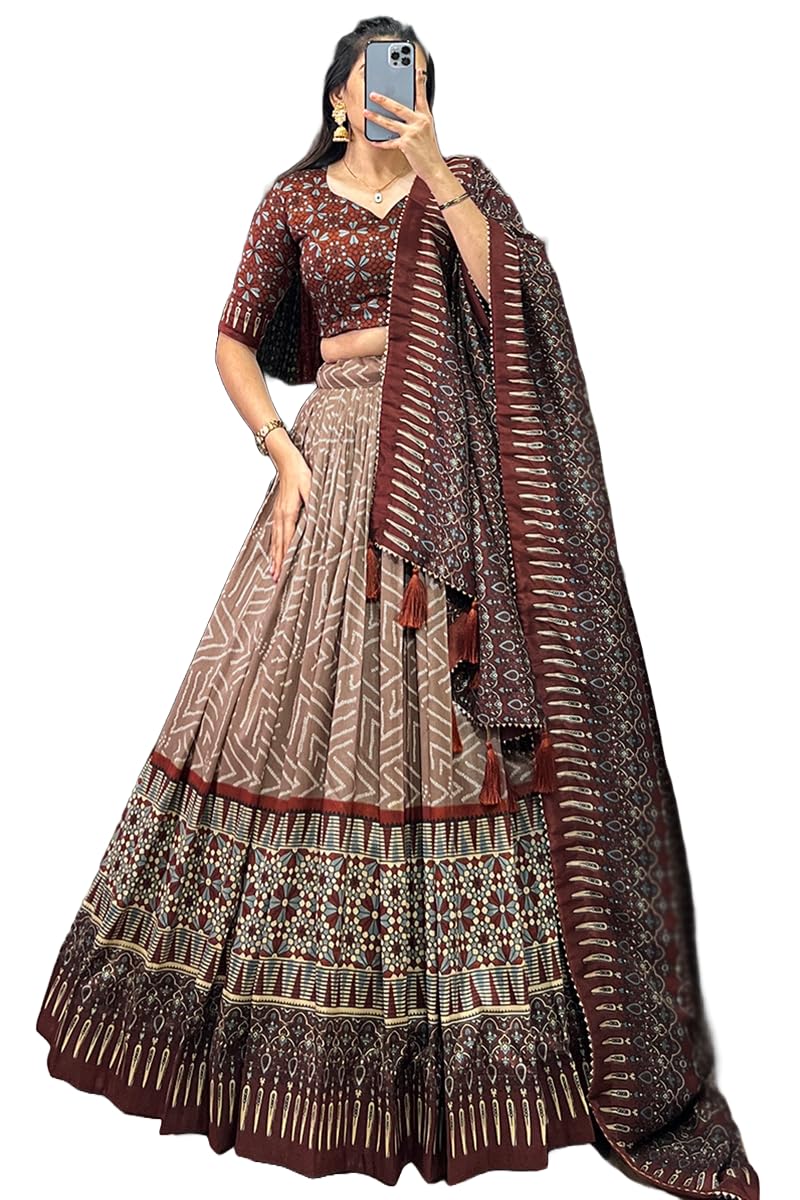 Women's Trending Designeer Tussar Silk Lehenga Choli Print with Foil Work With Unstitched Blouse Patola Print Adorned with...