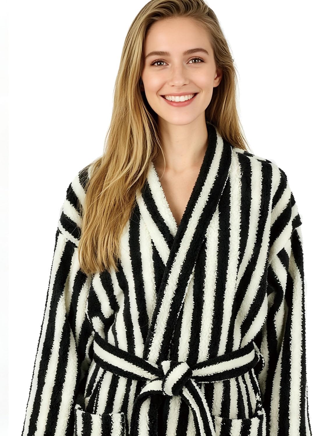 Plush Striped Robe for Women Men, Winter Fuzzy Fleece Long Bath Robe, Plus Size Warm Nightgown Sleepwear
