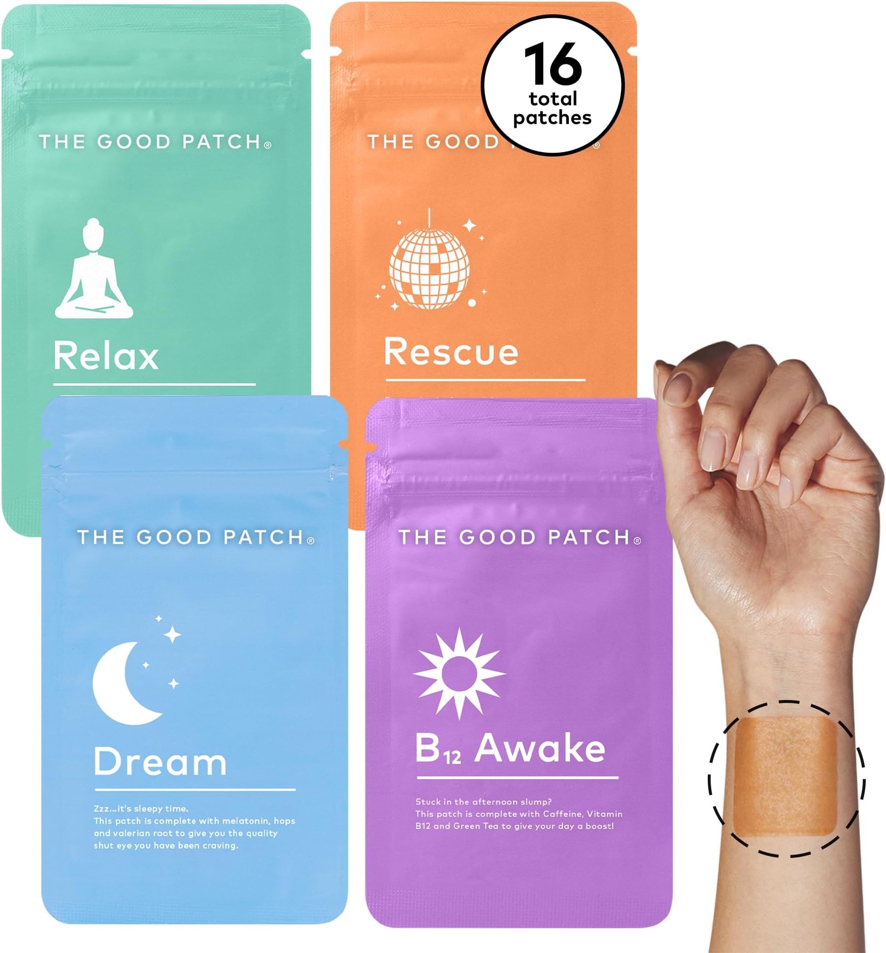 The Good Patch Most Loved Patches – Awake B12 for Energy, Dream for Sleep, Rescue for Recovery, Relax for Calm – Plant-Powered (16 Patches)