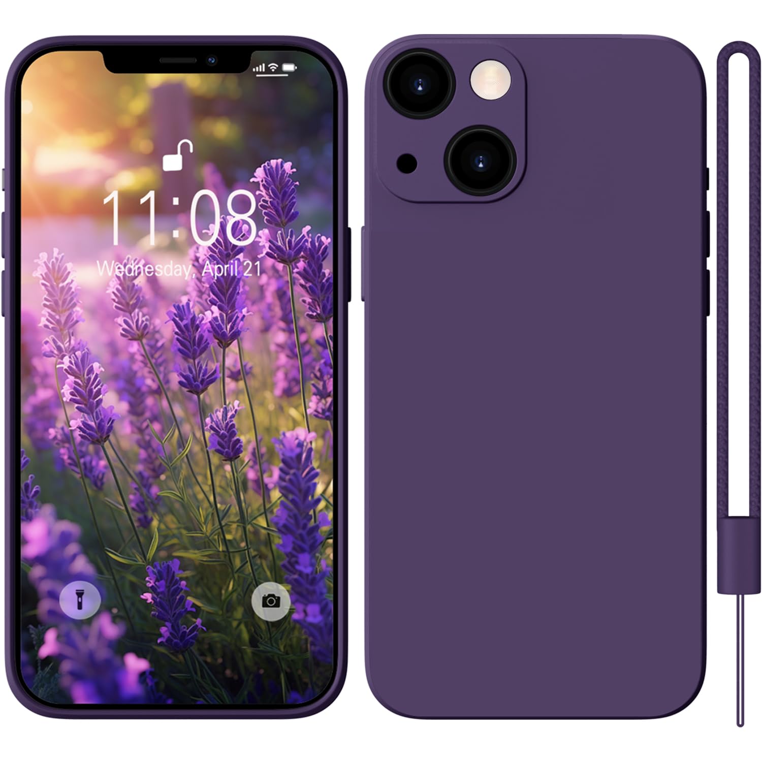 HGHSilicone Case for iPhone 13 with 1 Lanyard for iPhone 13 Case Soft Ultra Slim Protective Shockproof Cover Scratch-Resistant Microfiber Lining, Phone Case for iPhone 13 6.1"- Deep Purple