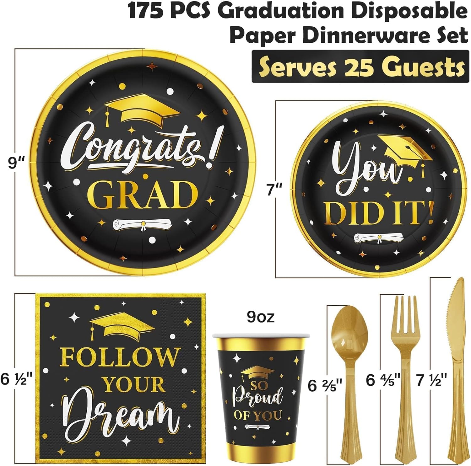 Ecomore Graduation Decoration Class of 2026, 175PCS Graduation Party Supplies Disposable Dinnerware(Serve 25) with Paper Plates Cup Napkin Fork Knife Spoon College High School Grad Decor(Black & Gold)