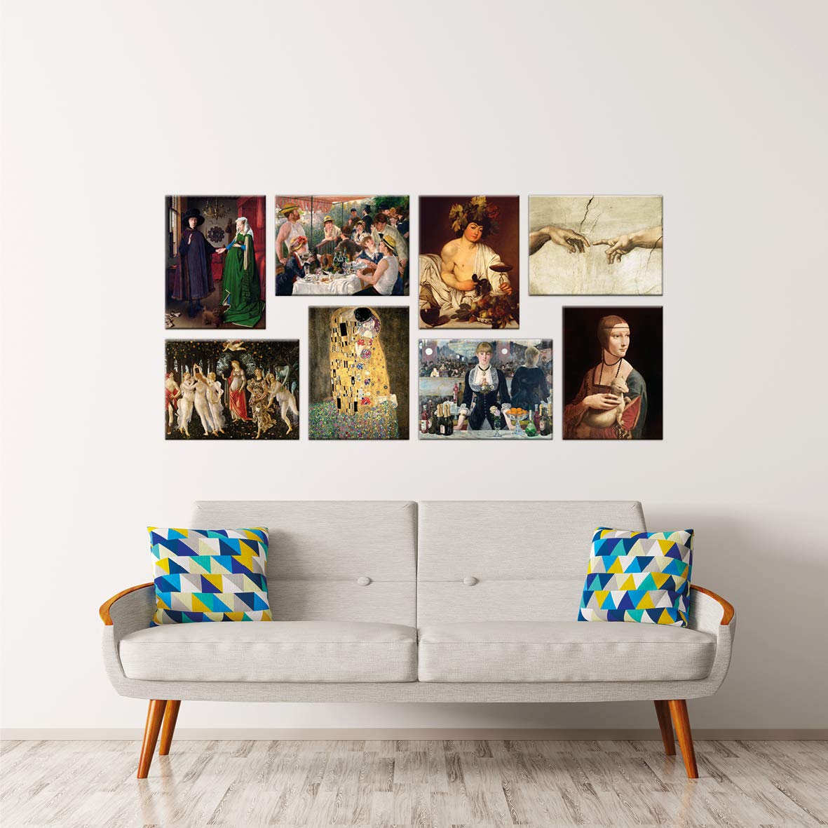 LuxHomeDecor Quadri famosi 8 pezzi 40x30 cm Stampa su Tela con Telaio in Legno Jan van Eyck renoir caravaggio michelangelo botticelli klimt manet leonardo da vinci