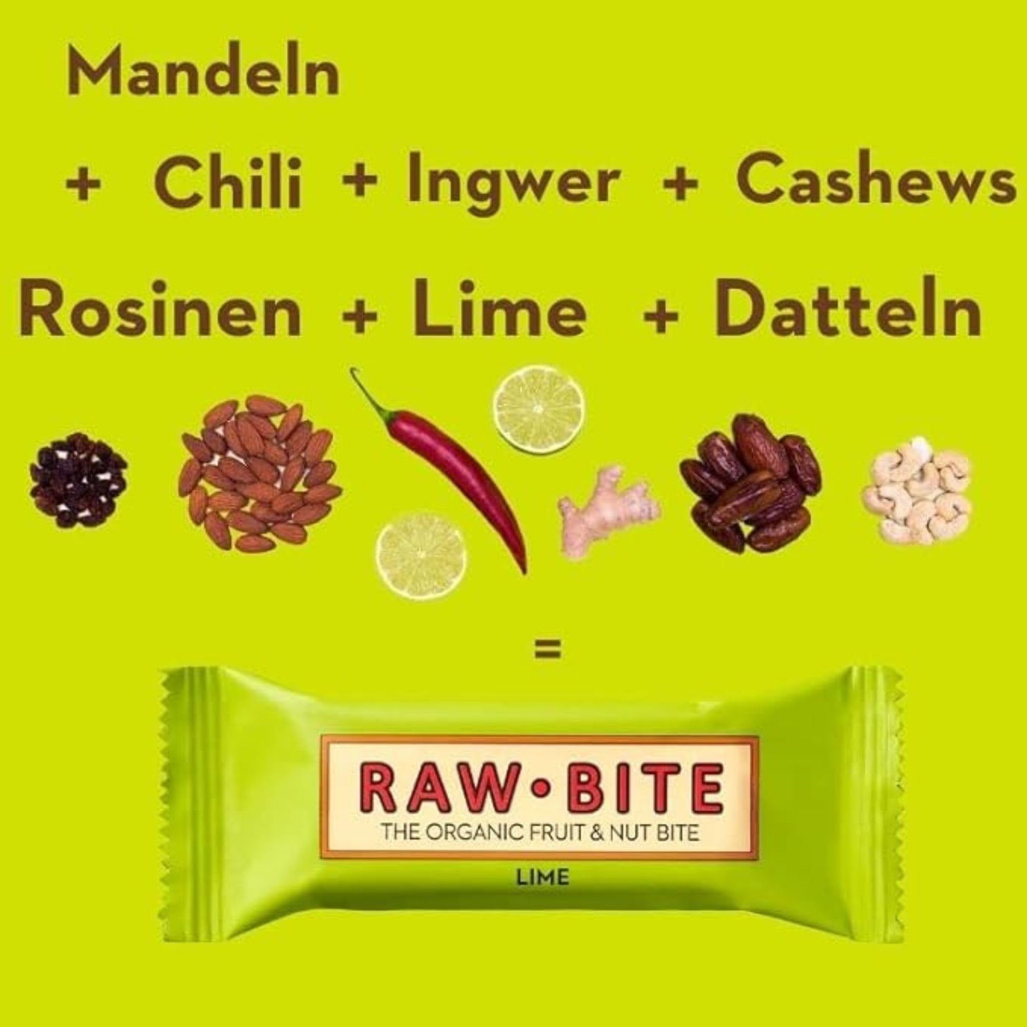 RAWBITE LIME in der 12er Box - Vegan, glutenfrei & ohne Zuckerzusatz - Bio Frucht-Nuss-Riegel mit Limettensaft (12 x 50 g)