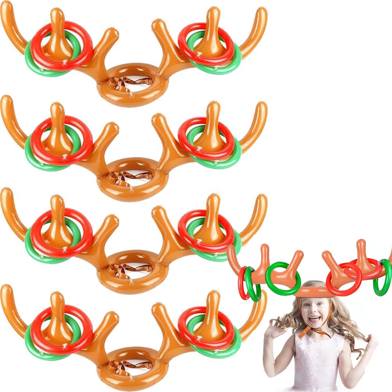 LUOBO 4 Pcs Antlers Ring Hook Game Party Inflatable Reindeer, Christmas Party Antler Hat Games for Family Indoor Outdoor Games (4 Antlers 16 Rings1 Air Pump)