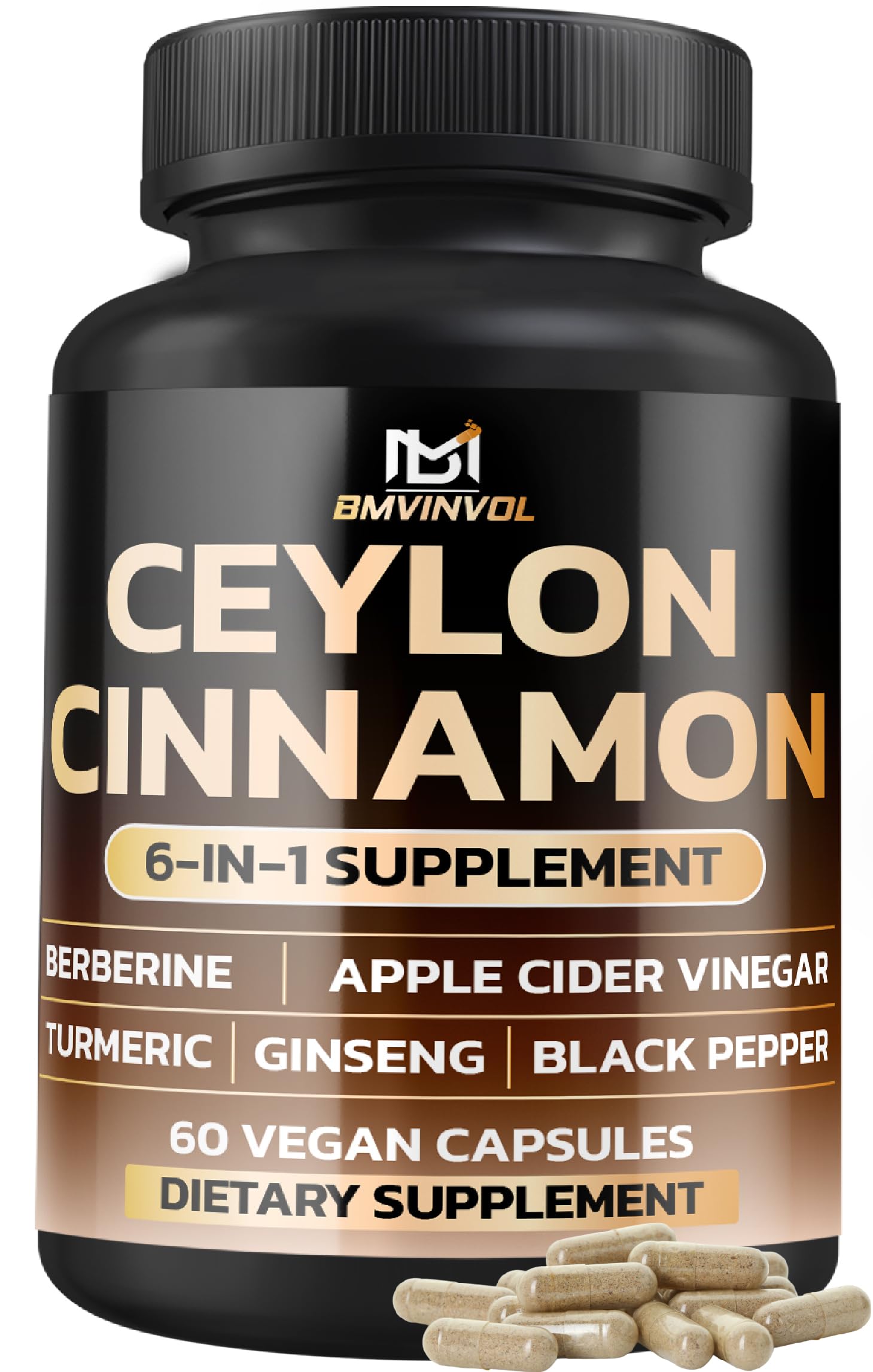 Ceylon Cinnamon Capsules with Berberine HCl Supplement - Panax Ginseng, Apple Cider Vinegar, Turmeric Curcumin - 60 Capsules - 2 Month Supply