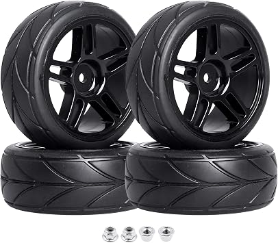 Pre-Glued 12mm Hex 1/10 RC Touring Car Wheels & Tires for Traxxas 4-Tec 2.0 Tamiya TT02 TT01 1/14 Wltoys 144001 1/18 Latrax Teton SST Kyosho Fazer MK2 HPI, 4pcs